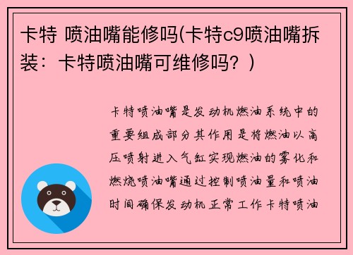 卡特 喷油嘴能修吗(卡特c9喷油嘴拆装：卡特喷油嘴可维修吗？)