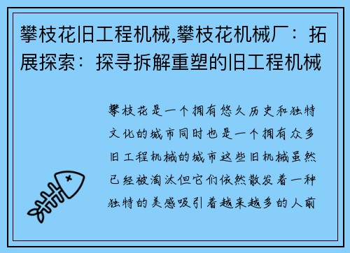 攀枝花旧工程机械,攀枝花机械厂：拓展探索：探寻拆解重塑的旧工程机械之美