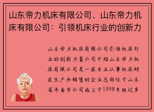 山东帝力机床有限公司、山东帝力机床有限公司：引领机床行业的创新力量
